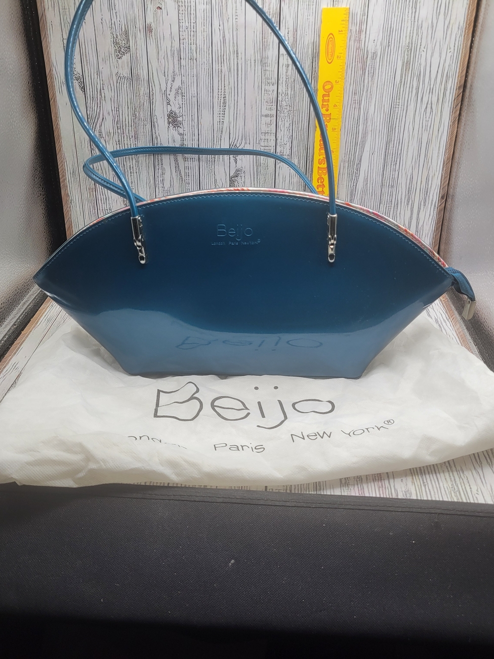 Beijo Women's Patent Teal Shoulder Bag With Original Beijo Dust Protector Bag